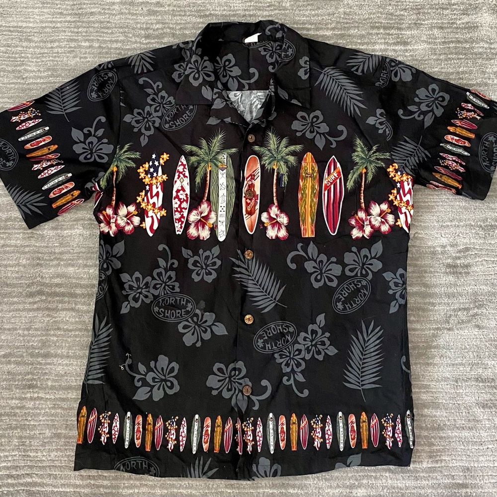 Vintage Palm Wave Men’s Young Adult Boy Hawaiian Aloha Luau Shirt Surfer Large
